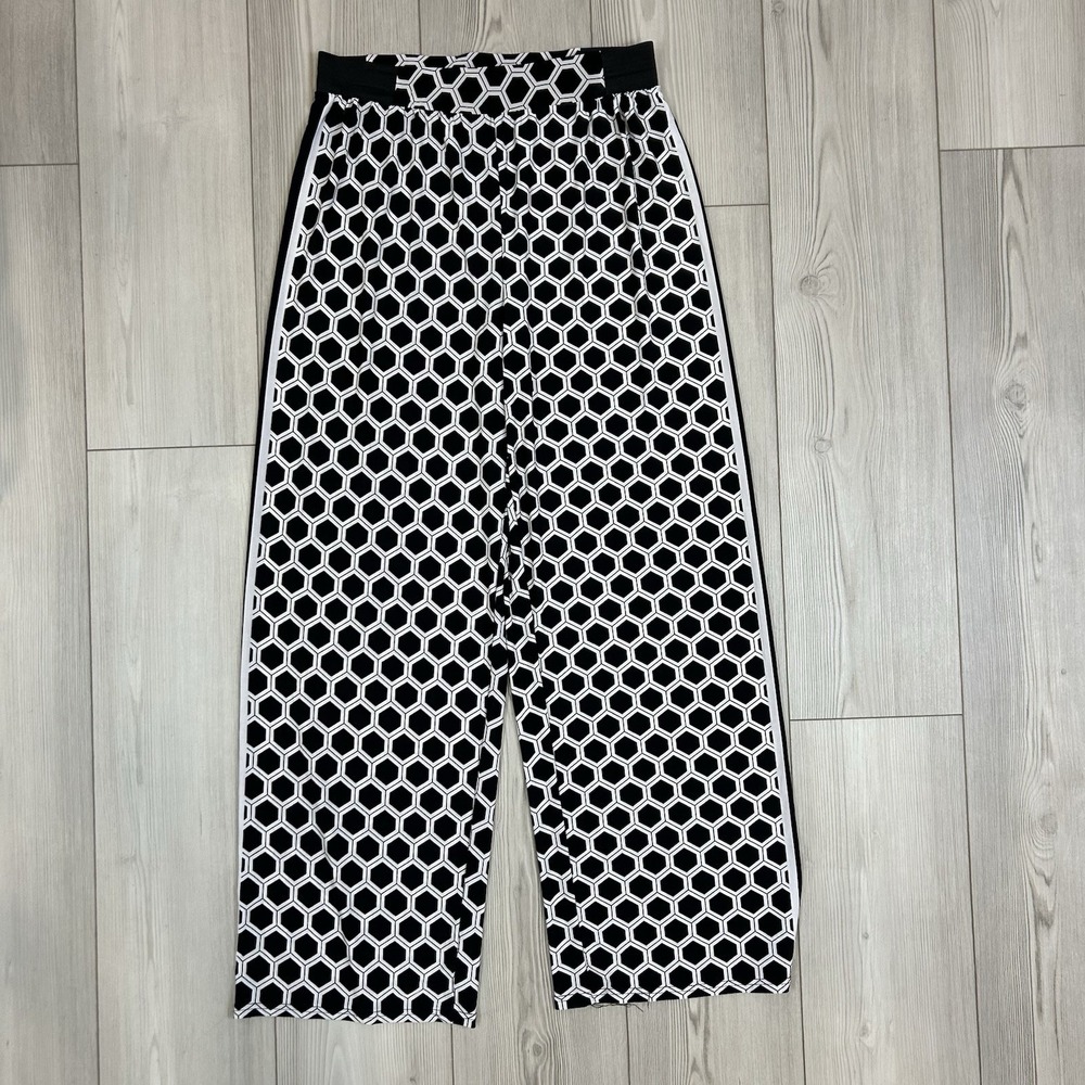 mlle gabrielle Large Pull On Printed Wide Leg Pants Elastic‎ Palazzo Black White